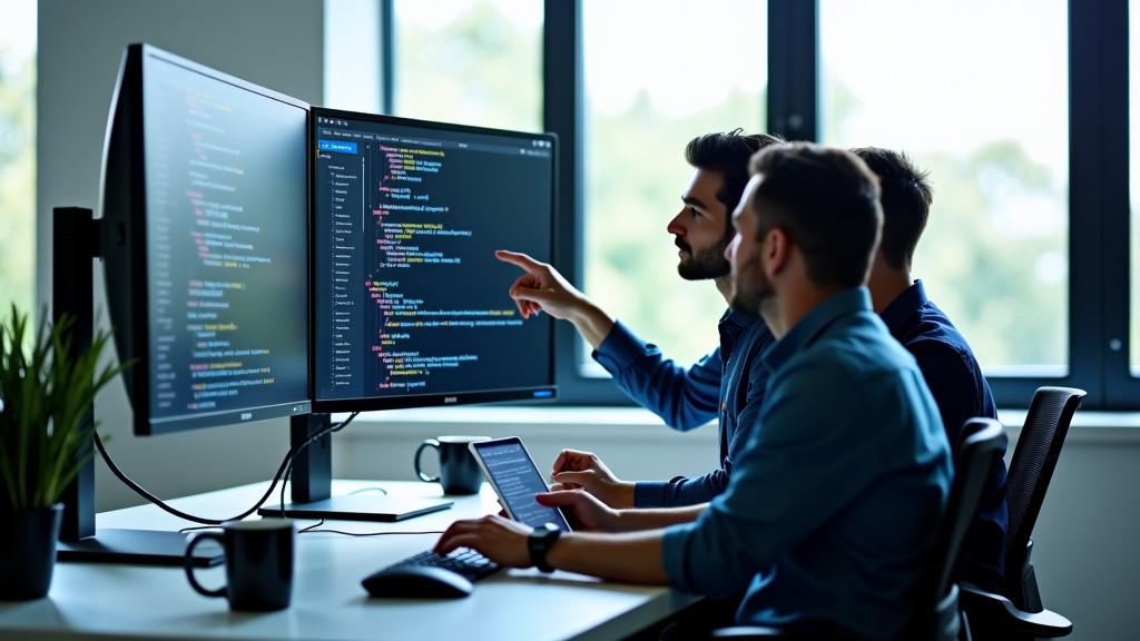 Two software professionals working together at a computer workstation, engaged in discussion and reviewing code.