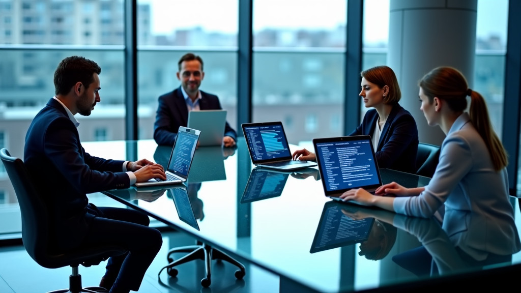 Three people collaborating around a glass desk with laptops in a modern office setting.