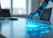 A sleek, modern office desk with a floating holographic invoice displaying blue digital patterns and data streams.