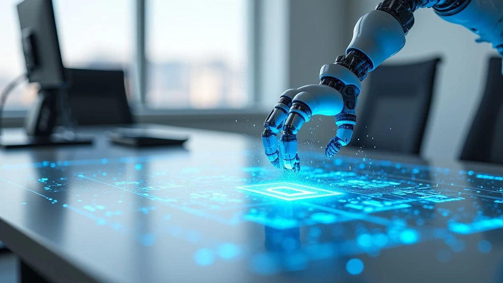 A sleek, modern office desk with a floating holographic invoice displaying blue digital patterns and data streams.