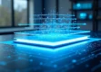 A sophisticated photorealistic 3D render of a sleek, modern office desk with holographic document projections.
