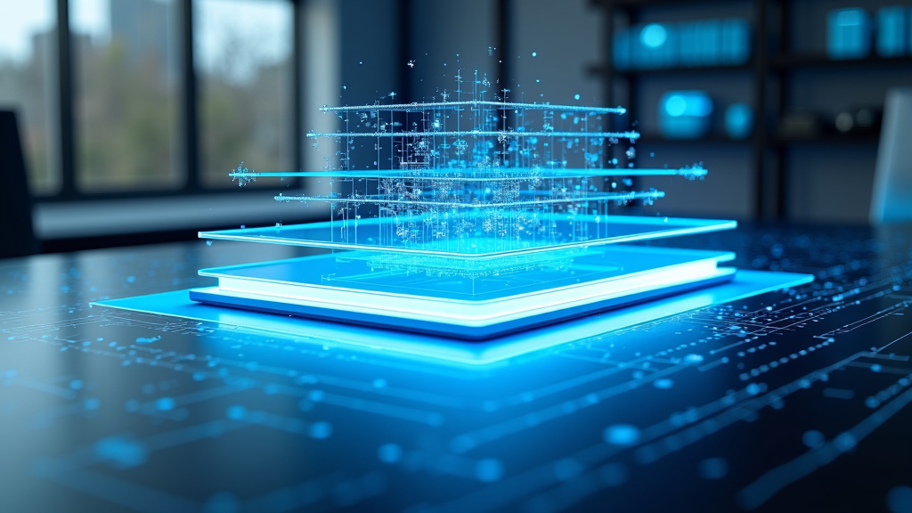 A sophisticated photorealistic 3D render of a sleek, modern office desk with holographic document projections.