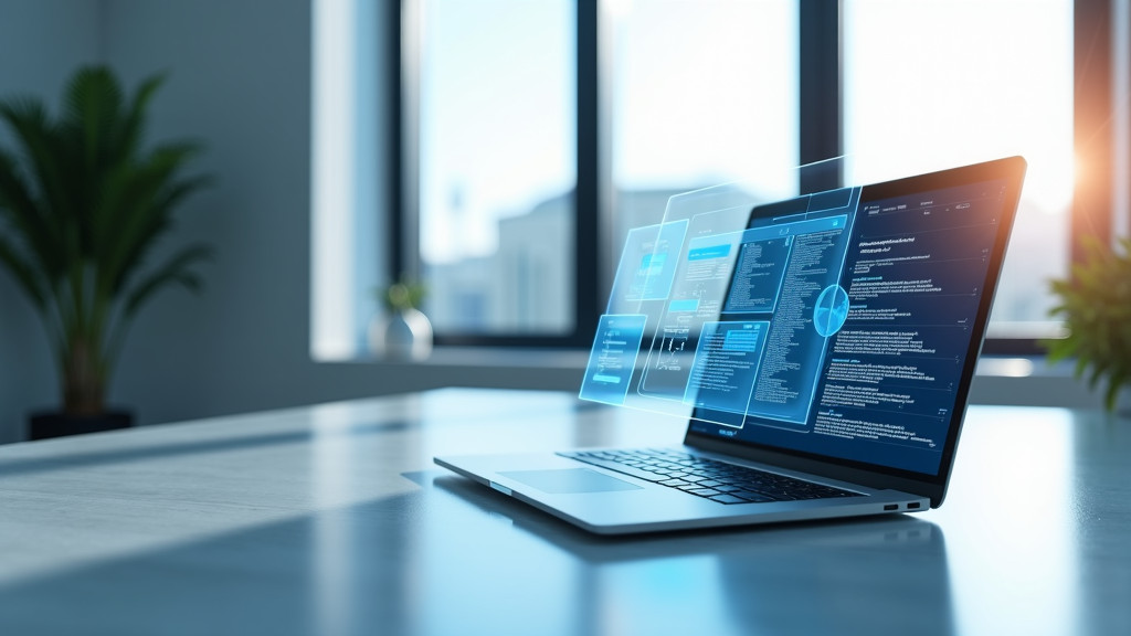 A sleek laptop displaying a digital document template with floating panels in a modern office setup.