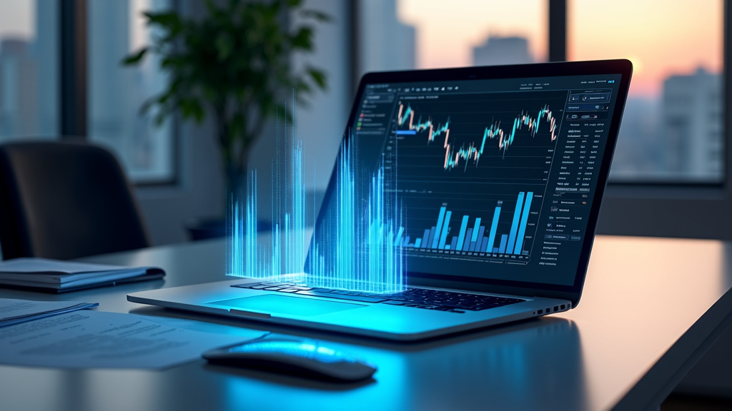 A modern office desk featuring a sleek laptop with financial graphs and holograms.