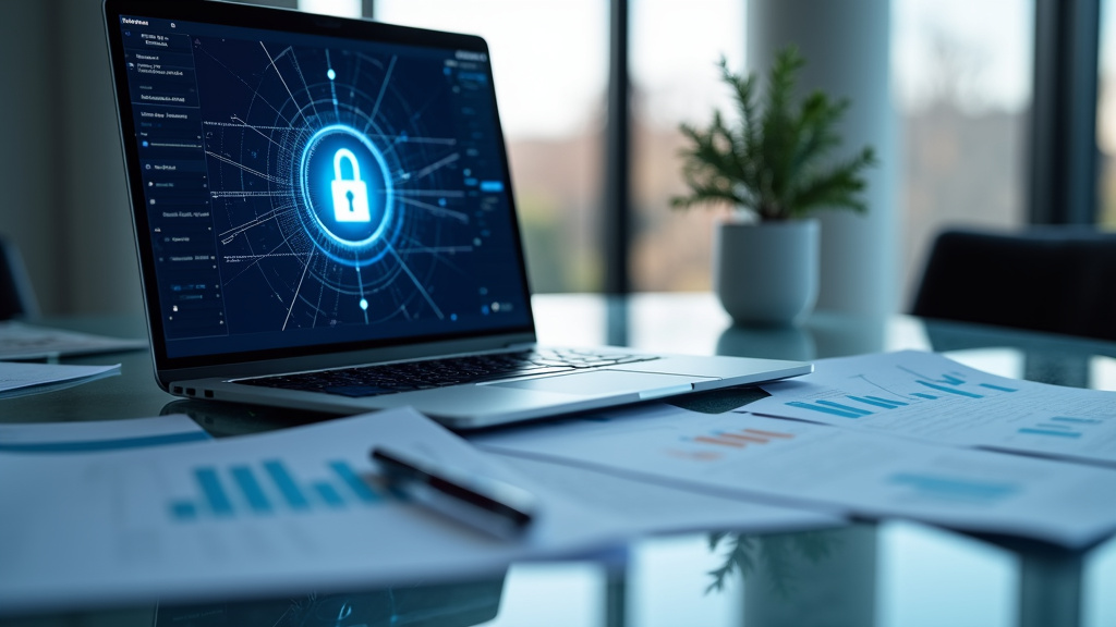 A modern office desk featuring a laptop with a glowing digital lock icon and scattered financial documents.