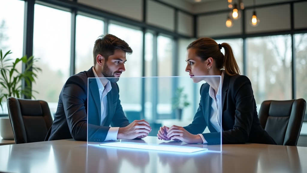 A professional office setting with a new employee and HR representative interacting with a holographic display.