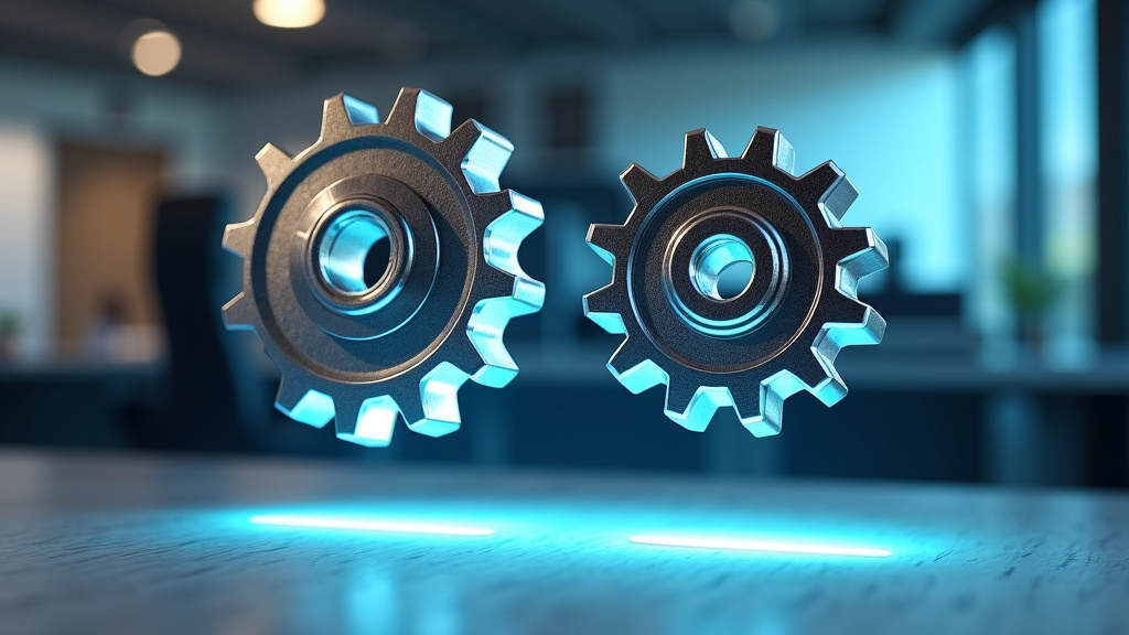 An artistic composition showing modern and vintage gears representing technology systems above a minimalist desk.