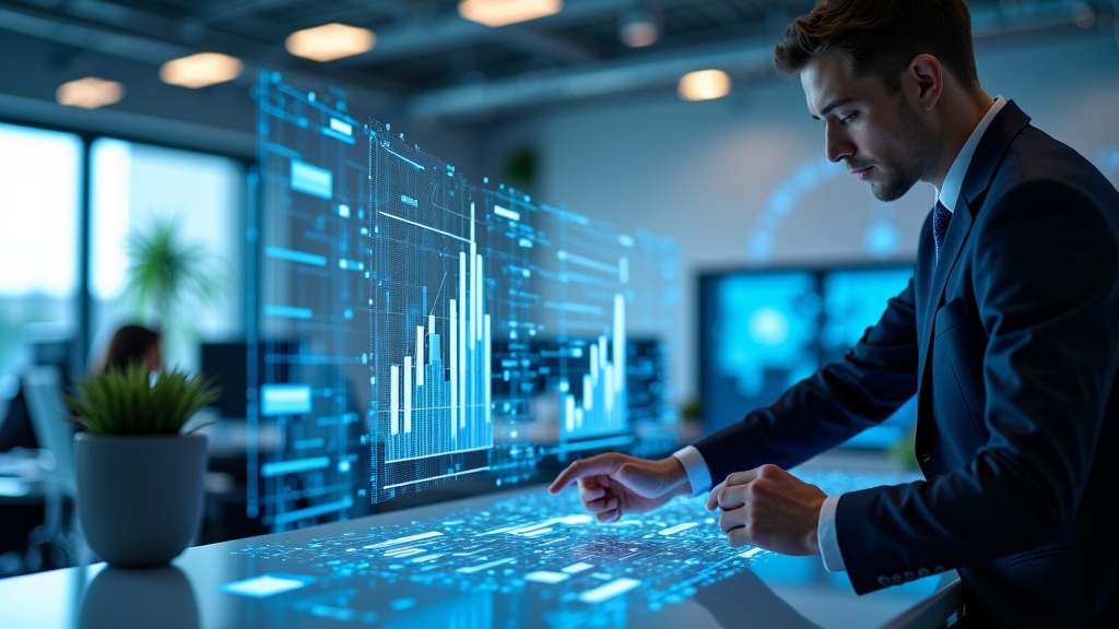Futuristic Office with Holographic Data Visualizations A sleek modern office with holographic data visualizations and a business person's hand interacting with 3D projections.