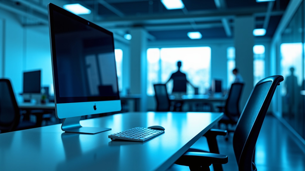 A photorealistic image of a modern office with holographic blue interface projections displaying data visualizations.