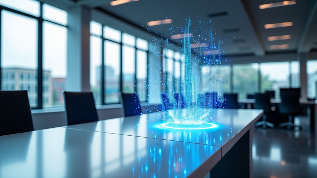 A modern office space showcasing a holographic interface with blue and white data visualization streams above a minimalist desk.