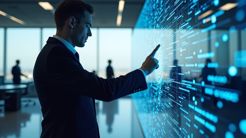 A businessman interacting with holographic data visualizations in a sleek office setting.