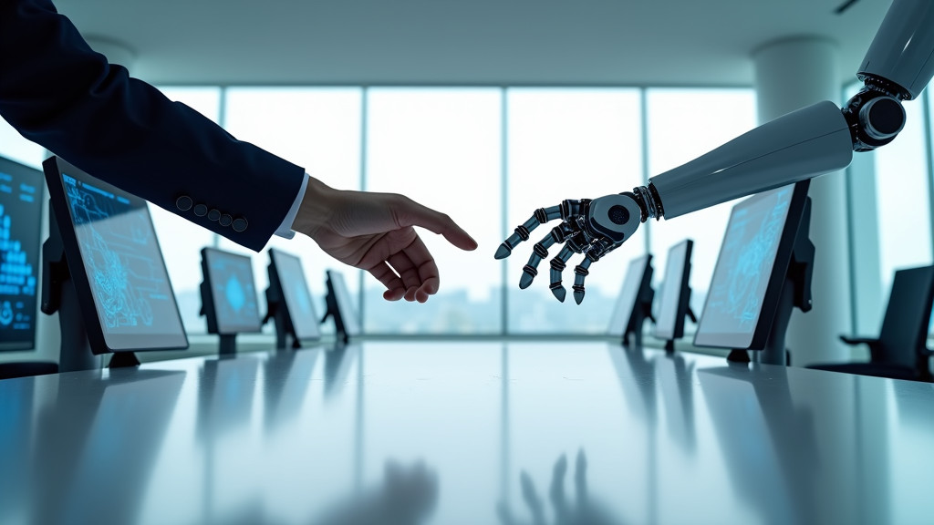 A human hand and a robotic hand reaching toward each other across a minimalist white desk in a modern office space.