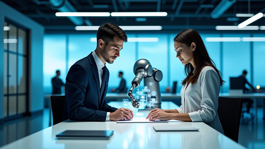 A sleek, modern office with a robotic arm and a human working together at a white desk with holographic data.