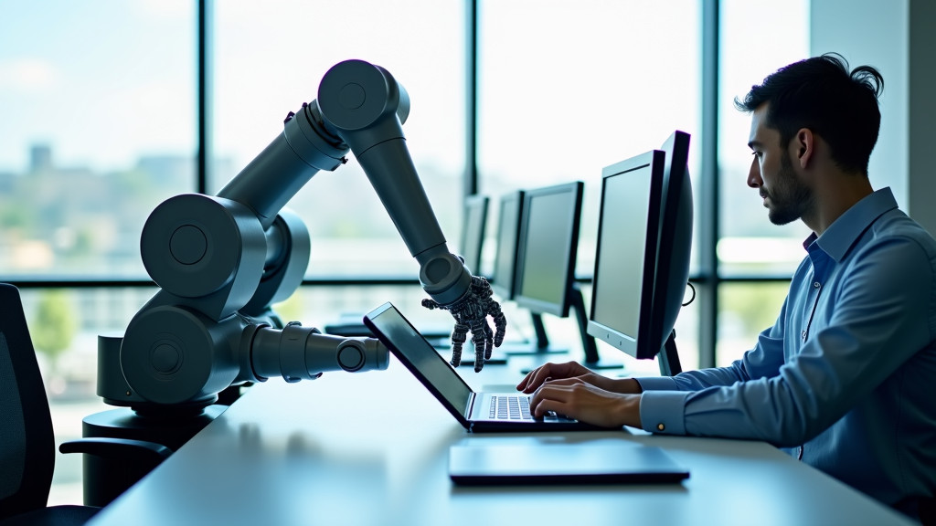 A collaborative robot arm working alongside a human employee in a modern office space.