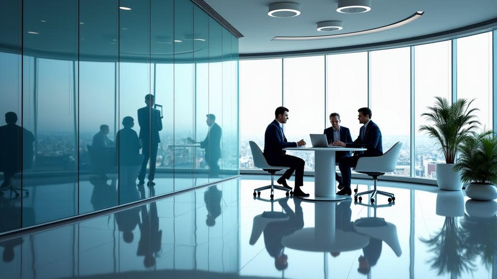 A modern office space with curved glass walls and professionals collaborating at a conference table.