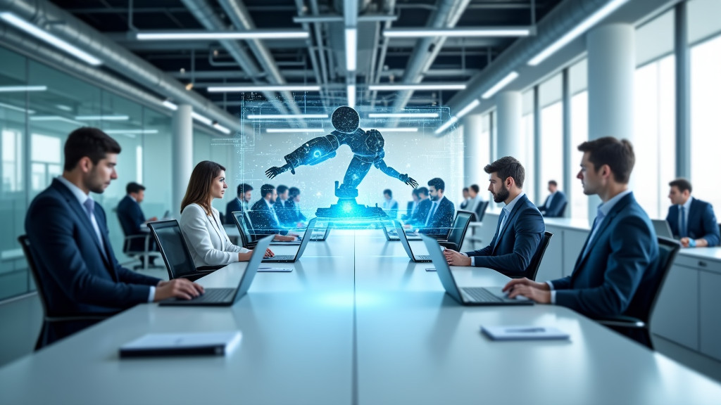 A sleek, modern office space with robotic arms and holographic displays working alongside humans.