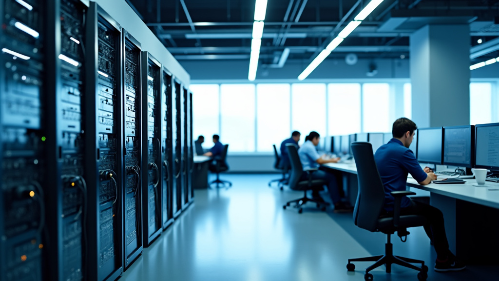 A sleek, modern office space showcasing traditional servers and AI-powered workstations, separated by a glass partition.