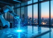A sleek modern office setting at twilight with holographic data streams and a robotic arm organizing digital profiles.