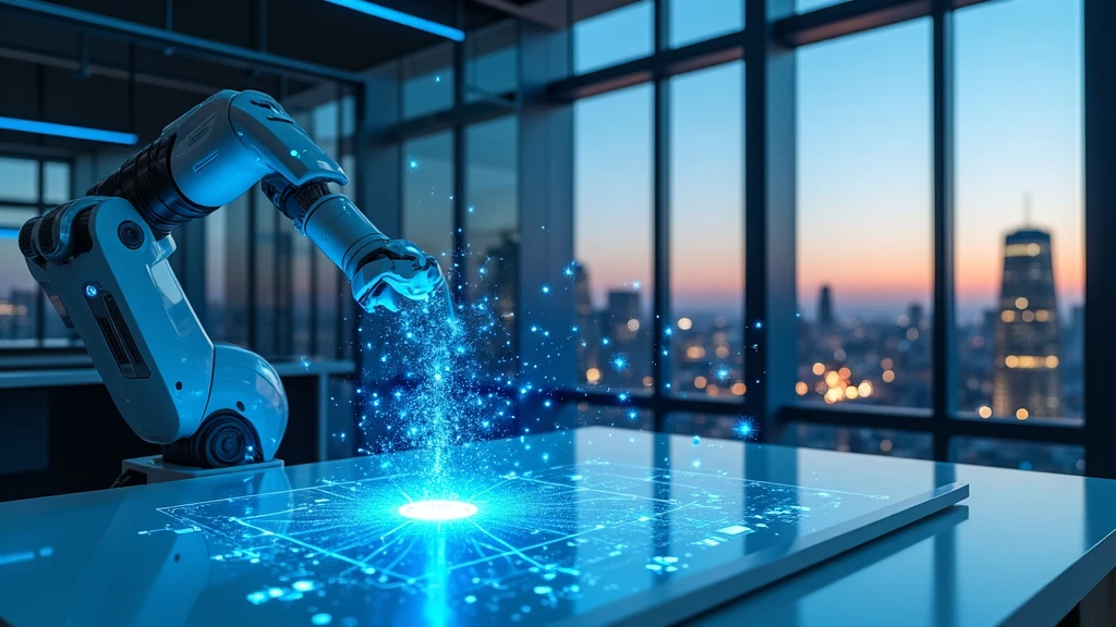 A sleek modern office setting at twilight with holographic data streams and a robotic arm organizing digital profiles.