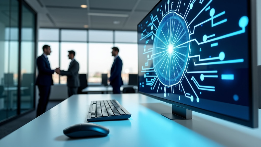 A modern office interior featuring a digital touchscreen display with blue glowing pathways and a minimalist desk setup.