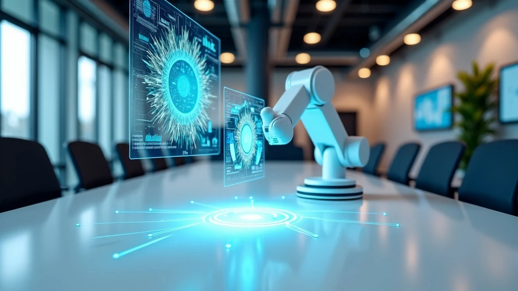 A sleek office workspace with floating digital screens and a robotic arm symbolizing automated workflow.