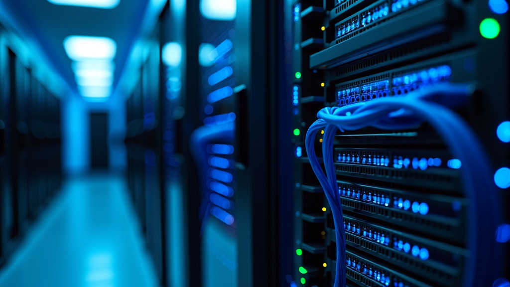 A photorealistic modern server room with glowing blue network cables and sleek black servers.