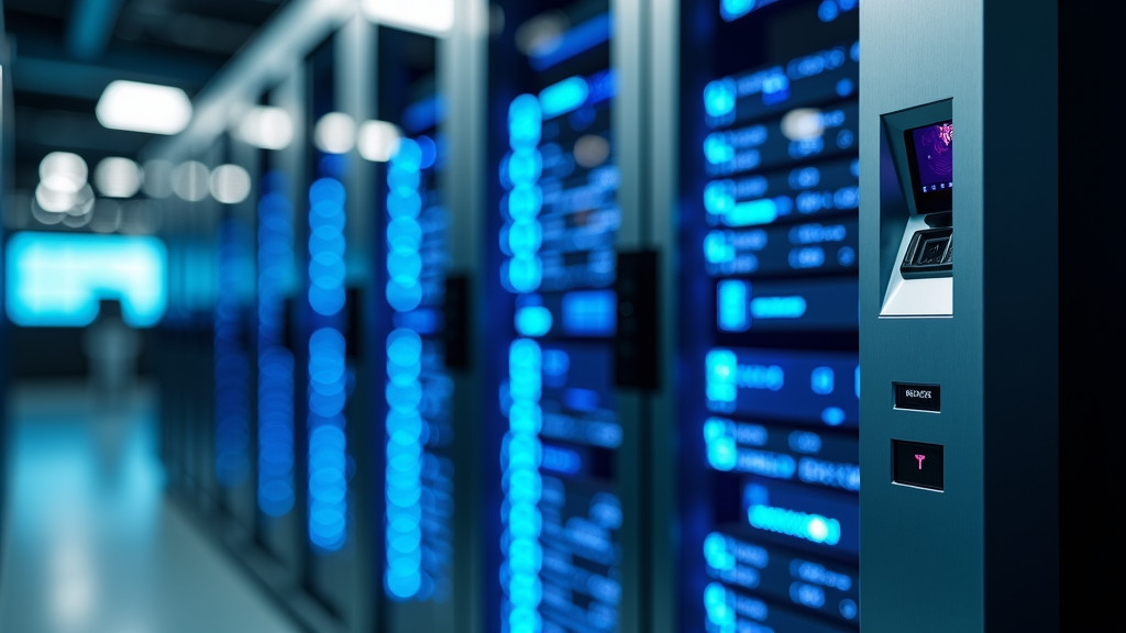 A close-up shot of a modern server room with glowing blue LED lights and a biometric fingerprint scanner.