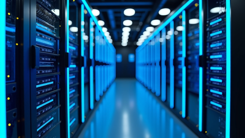 A photorealistic ultra high definition image of a modern server room with glowing blue LED lights and organized network cables.