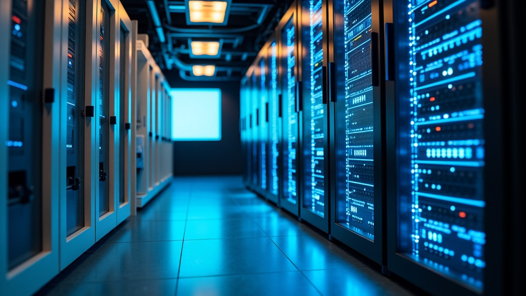 A modern server room showcasing sleek servers with blue LED lights next to vintage computing equipment.