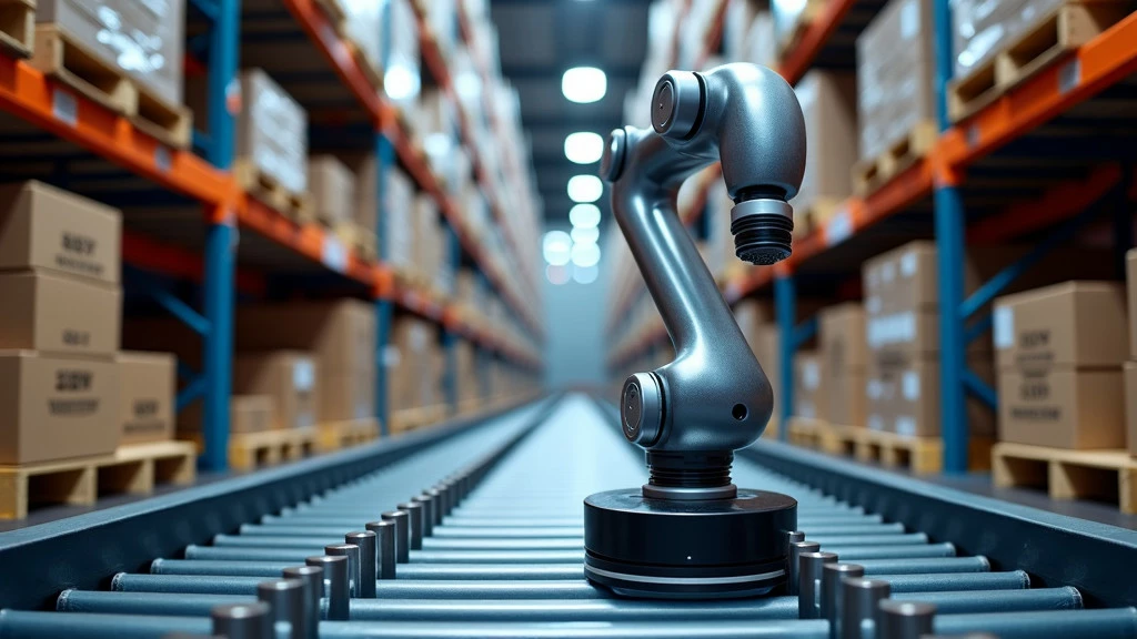 A modern warehouse interior featuring automated robots and high-tech equipment.