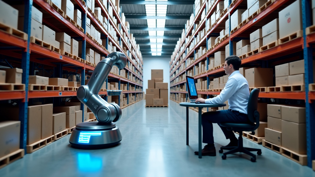 A photorealistic view inside a modern, high-tech warehouse with robots and human workers.