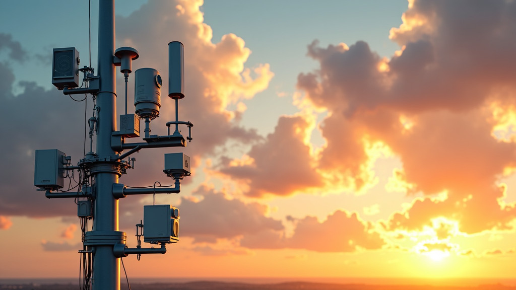 A modern weather station featuring sleek meteorological instruments at golden hour against a dramatic sky with diverse cloud formations.