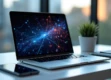 A sleek, modern workspace with a minimalist desk setup featuring a laptop and other devices in natural lighting.