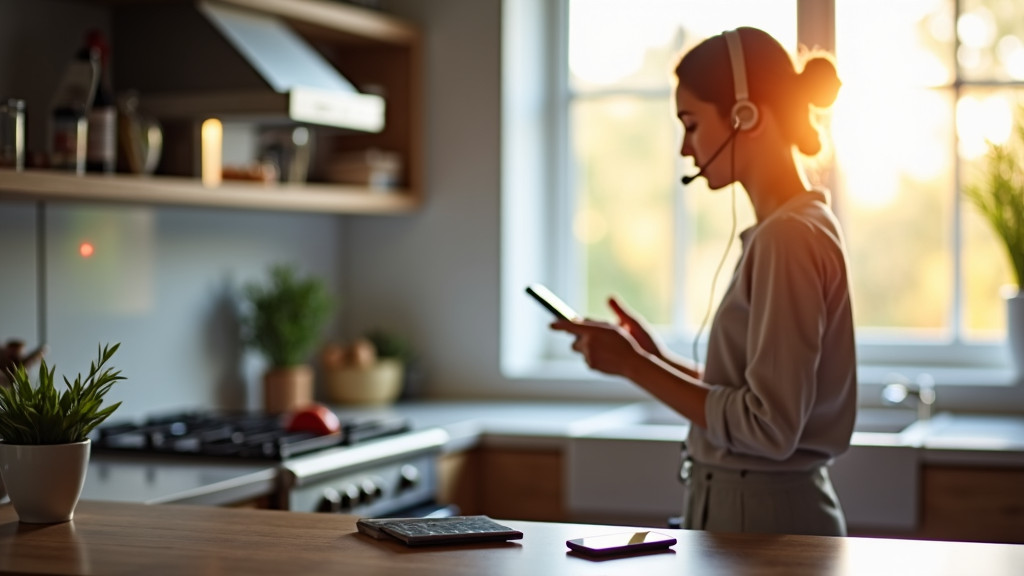 A modern workspace with a person using a wireless microphone headset while cooking, with natural lighting and a device showing transcription interface.