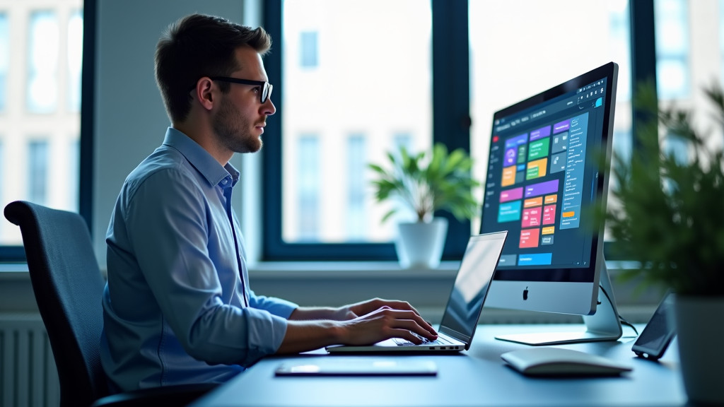 A professional developer using a sleek laptop in a modern, clean workspace with a minimalist desk setup and colorful interface blocks.