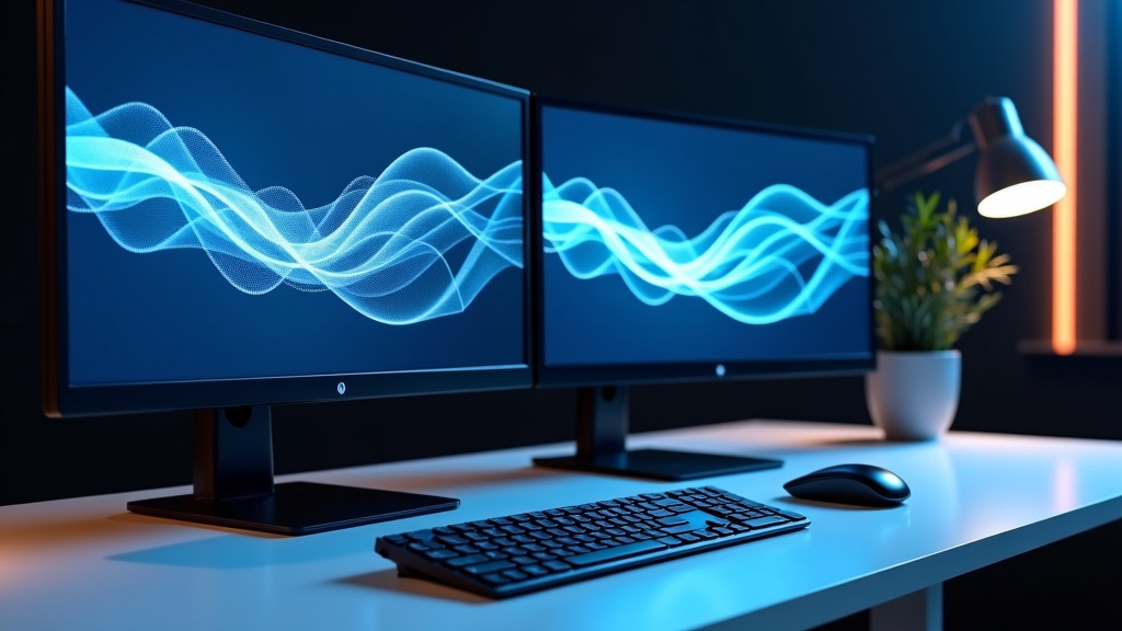 A sleek, modern workspace featuring dual monitors showcasing glowing blue data visualizations on a minimalist desk.