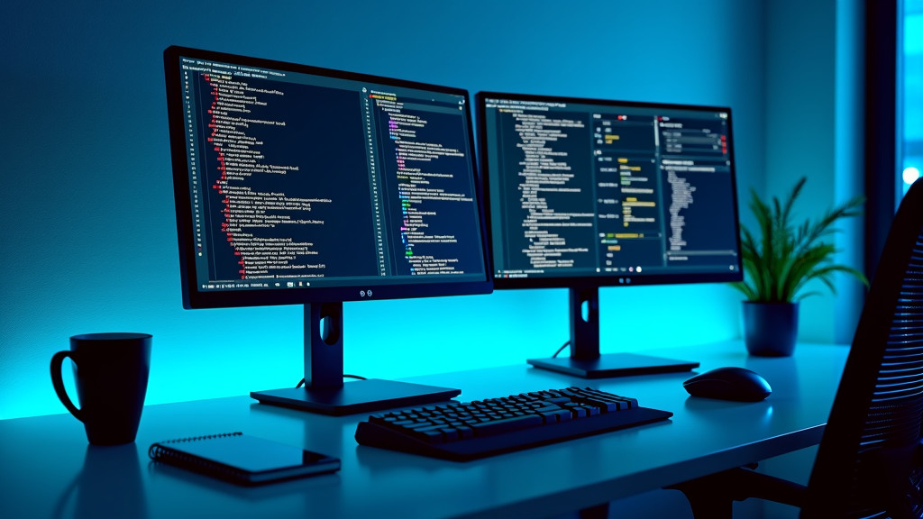 A sleek, modern workspace with dual monitors displaying Python code and data visualizations, minimalist desk, and ambient blue lighting.