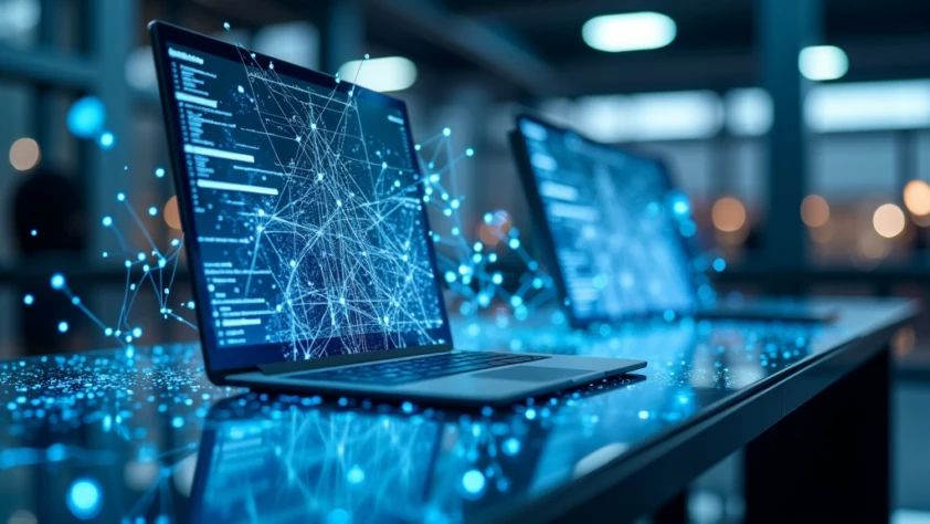 A sleek, modern workspace featuring a holographic display with interconnected nodes and flowing data streams in blue and white.