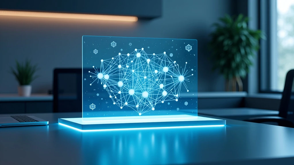 A sleek, modern workspace with a holographic display showing AI neural networks in blue and white.