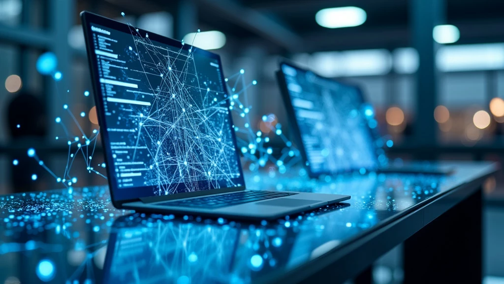 A sleek, modern workspace featuring a holographic display with interconnected nodes and flowing data streams in blue and white.