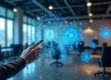 A modern workspace featuring holographic interfaces and neural network visualizations.