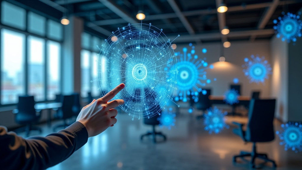 A modern workspace featuring holographic interfaces and neural network visualizations.