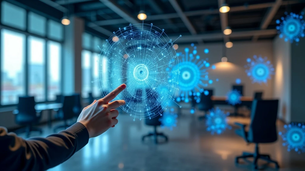 A modern workspace featuring holographic interfaces and neural network visualizations.