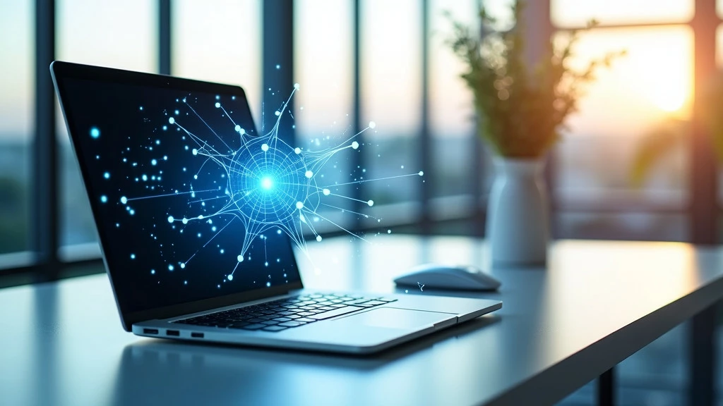 A photorealistic workspace featuring a holographic interface with interconnected nodes and pathways in soft blue light.