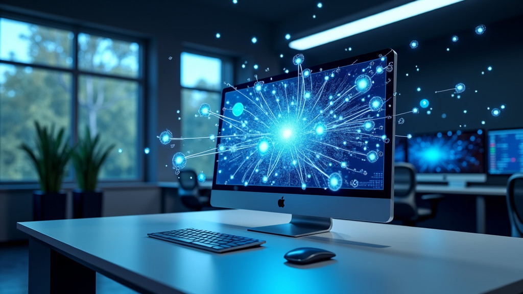 A modern workspace with a holographic interface displaying blue and white data streams and AI models floating above a minimalist desk setup.