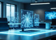 A modern workspace featuring holographic interfaces with neural networks.