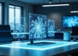 A modern workspace featuring holographic interfaces with neural networks.