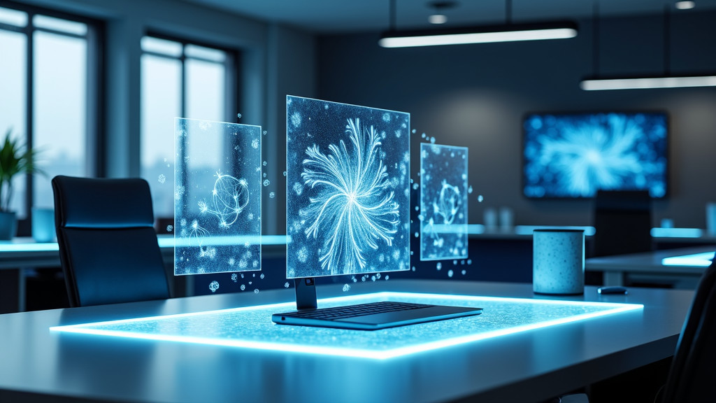 A modern workspace featuring holographic interfaces with neural networks.