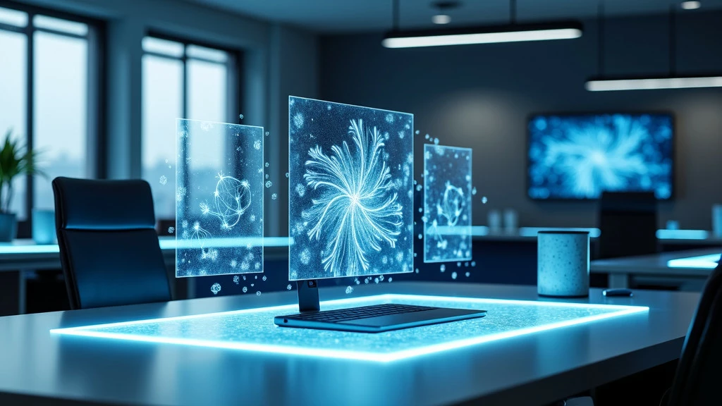 A modern workspace featuring holographic interfaces with neural networks.