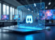 A sleek modern workspace with floating holographic screens and a glowing Discord logo hub in a minimalist office.